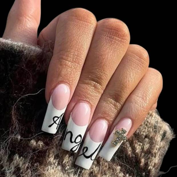 French blanche lettrage Angel et croix en strass